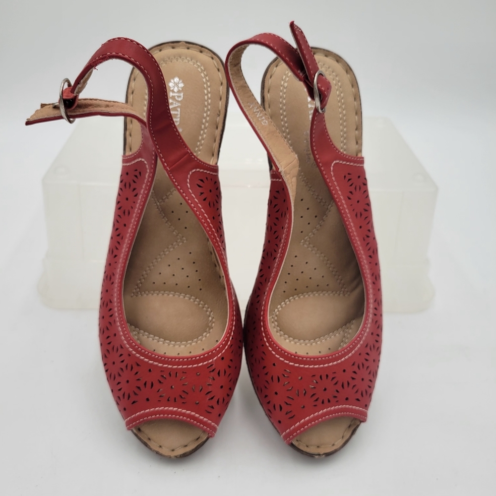 Patrizia by Spring Step Ginny Red Wedge Heel Sling Back Peep Toe Size 39/8.5 US